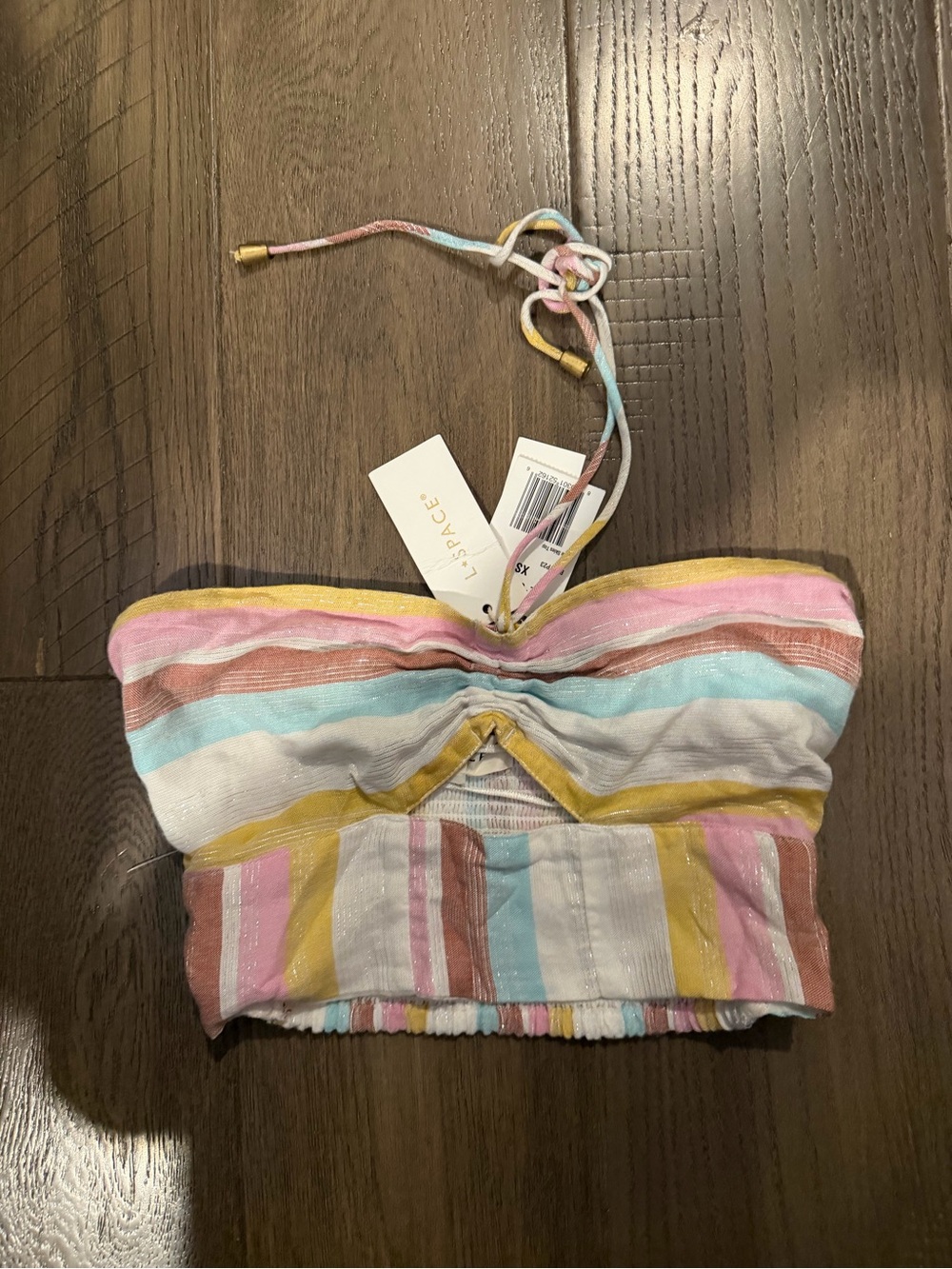 l*space Pastel Multicolor Striped Tube Crop Top with Halter Tie